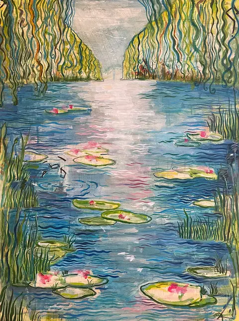 A vertical pond landscape with water lilies, a bright opening and rippling vertical bands of vegetation