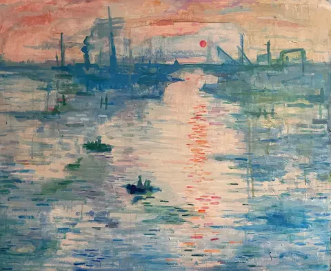 A harbour landscape with blue boats and structures, a pink sky and reflections in the water