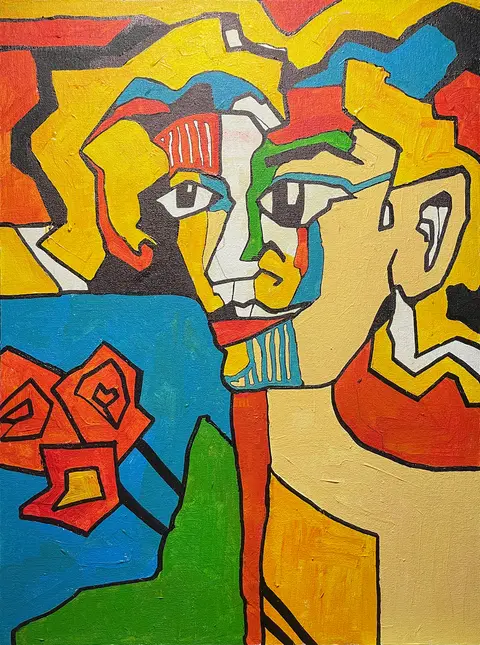 A colourful portrait with overlapping faces, black outlines and areas of yellow, red, turquoise and green