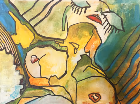 A horizontal painting of a reclining woman with strong black outlines, green, yellow and blue