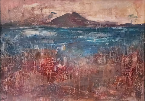 A burgundy and blue landscape with a dark form on the horizon and a dense network of pale lines in the foreground
