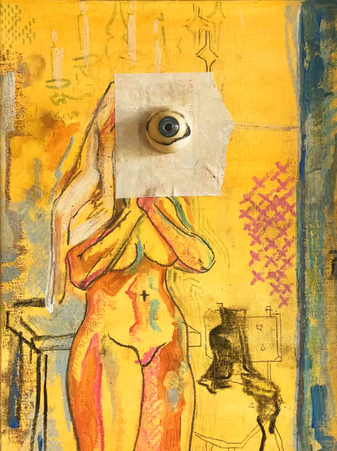 A painted figure on a yellow background, with a piece of paper and a three-dimensional eye in place of the face