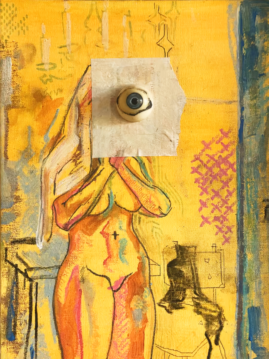 A painted figure on a yellow background, with a piece of paper and a three-dimensional eye in place of the face