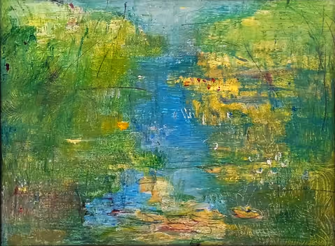 A green landscape with a blue opening through the middle, yellow accents and visible paint marks